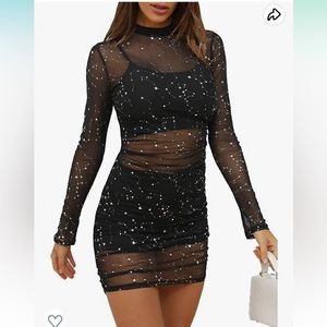 LYANER Women's Mesh Dress Long Sleeve Bodycon 3 Piece Outfits with Cami Shorts